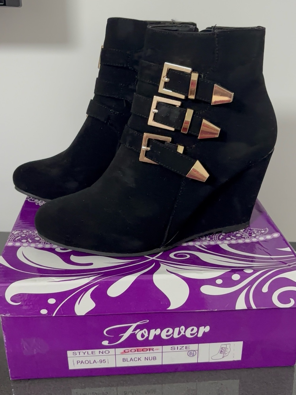 Black Wedge Ankle Boots with Gold Buckles